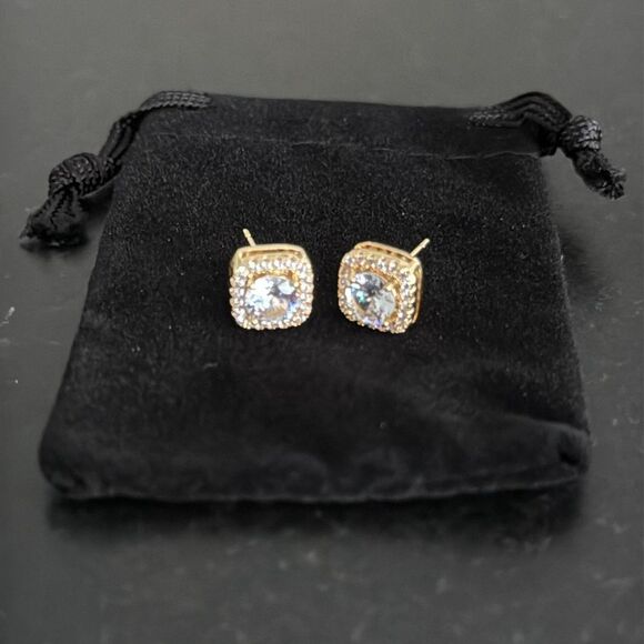 Fireframe Square Halo Earrings – .4” Gold Plated Brilliant Cut CZ Studs for Men - Picture 4 of 9